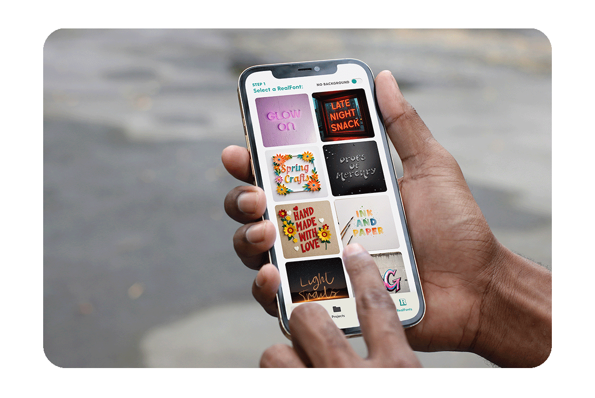 iPhone in hand showing the Word Swag app